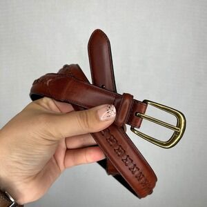 Mens Brown‎ 44 Leather Belt Woven Accent Brass Buckle Dress Casual